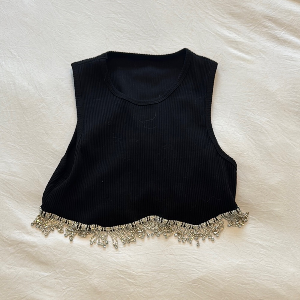 Black Sleeveless Top with Beaded Hem